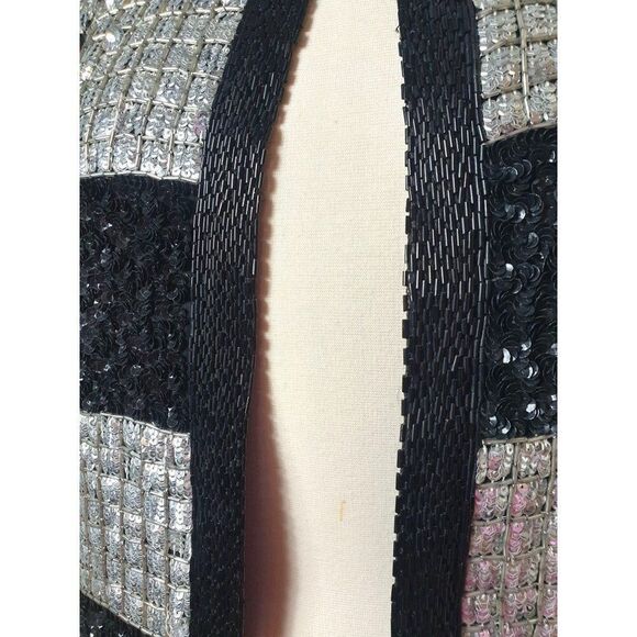 Vintage NITE Line Black Silver Sequin Jacket S Checkered Open Front Silk India - Picture 6 of 7
